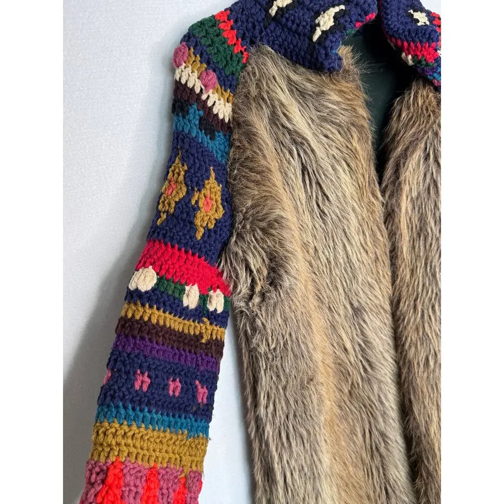 Handmade Upcycled Faux Fur Crochet Coat Boho Folk Art Festival Jacket Unisex M/L
